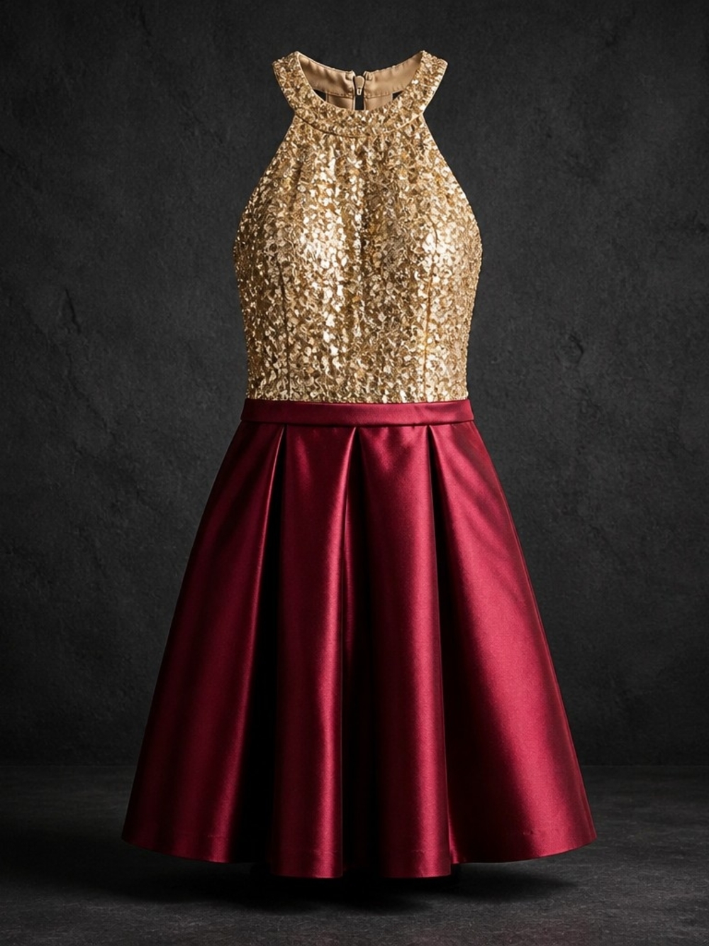 Regal Gold & Burgundy Sequin Halter Open Back A-Line Homecoming Dress 4054